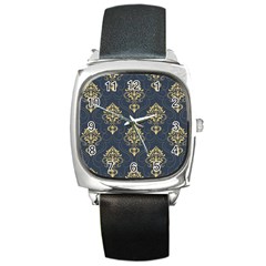 Floral Damask Pattern Texture, Damask Retro Background Square Metal Watch by nateshop