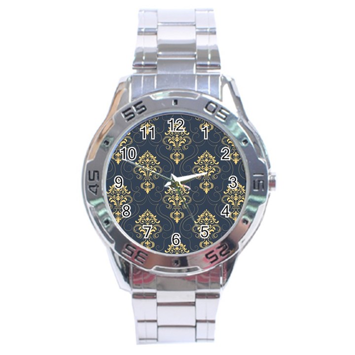 Floral Damask Pattern Texture, Damask Retro Background Stainless Steel Analogue Watch