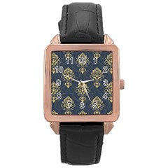 Floral Damask Pattern Texture, Damask Retro Background Rose Gold Leather Watch  by nateshop