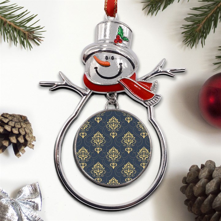 Floral Damask Pattern Texture, Damask Retro Background Metal Snowman Ornament