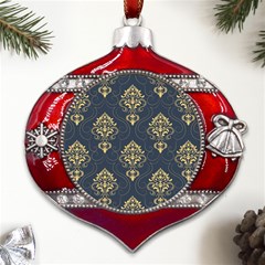 Floral Damask Pattern Texture, Damask Retro Background Metal Snowflake And Bell Red Ornament by nateshop