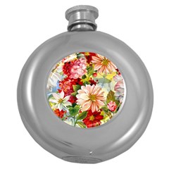 Painted Flowers Texture, Floral Background Round Hip Flask (5 Oz) by nateshop