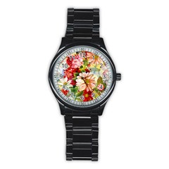 Painted Flowers Texture, Floral Background Stainless Steel Round Watch by nateshop