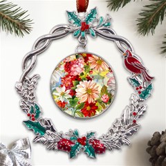 Painted Flowers Texture, Floral Background Metal X mas Wreath Holly Leaf Ornament by nateshop