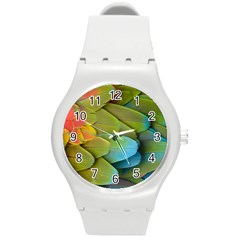 Parrot Feathers Texture Feathers Backgrounds Round Plastic Sport Watch (m) by nateshop