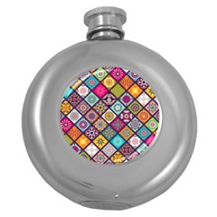 Pattern, Colorful, Floral, Patter, Texture, Tiles Round Hip Flask (5 Oz)