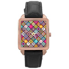 Pattern, Colorful, Floral, Patter, Texture, Tiles Rose Gold Leather Watch  by nateshop