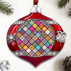 Pattern, Colorful, Floral, Patter, Texture, Tiles Metal Snowflake And Bell Red Ornament by nateshop