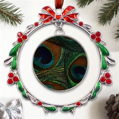 Peacock Feathers, Feathers, Peacock Nice Metal X mas Wreath Ribbon Ornament by nateshop