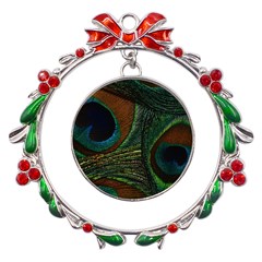 Peacock Feathers, Feathers, Peacock Nice Metal X mas Wreath Ribbon Ornament by nateshop