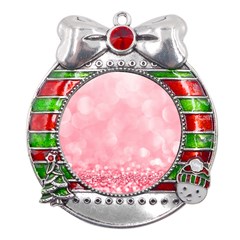 Pink Glitter Background Metal X mas Ribbon With Red Crystal Round Ornament