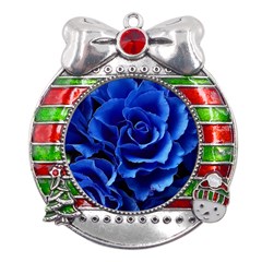 Blue Roses Flowers Plant Romance Blossom Bloom Nature Flora Petals Metal X mas Ribbon With Red Crystal Round Ornament by Proyonanggan