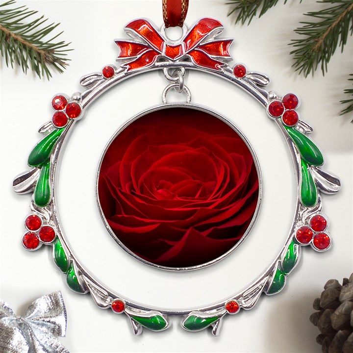 Rose Red Rose Red Flower Petals Waves Glow Metal X mas Wreath Ribbon Ornament