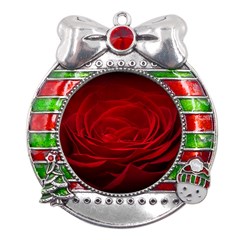 Rose Red Rose Red Flower Petals Waves Glow Metal X mas Ribbon With Red Crystal Round Ornament by Proyonanggan