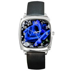 Blue Rose Bloom Blossom Square Metal Watch by Proyonanggan