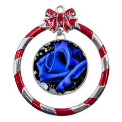 Blue Rose Bloom Blossom Metal Red Ribbon Round Ornament by Proyonanggan