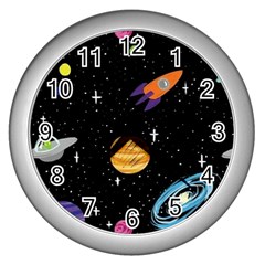 Space Cartoon, Planets, Rockets Wall Clock (silver)