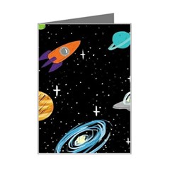 Space Cartoon, Planets, Rockets Mini Greeting Card