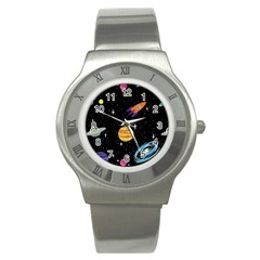 Space Cartoon, Planets, Rockets Stainless Steel Watch by nateshop