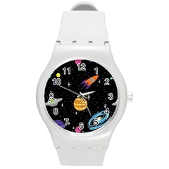 Space Cartoon, Planets, Rockets Round Plastic Sport Watch (m) by nateshop