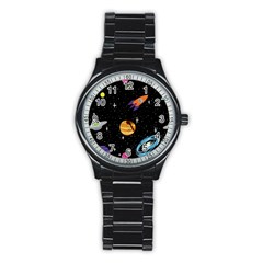 Space Cartoon, Planets, Rockets Stainless Steel Round Watch by nateshop