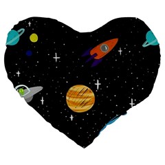 Space Cartoon, Planets, Rockets Large 19  Premium Flano Heart Shape Cushions by nateshop