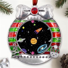 Space Cartoon, Planets, Rockets Metal X mas Ribbon With Red Crystal Round Ornament by nateshop