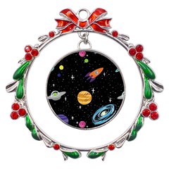 Space Cartoon, Planets, Rockets Metal X mas Wreath Ribbon Ornament by nateshop