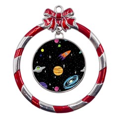 Space Cartoon, Planets, Rockets Metal Red Ribbon Round Ornament by nateshop