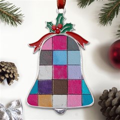 Tile, Colorful, Squares, Texture Metal Holly Leaf Bell Ornament by nateshop