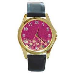 Vintage Pink Texture, Floral Design, Floral Texture Patterns, Round Gold Metal Watch by nateshop