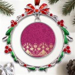 Vintage Pink Texture, Floral Design, Floral Texture Patterns, Metal X mas Wreath Ribbon Ornament Front