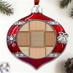 Wooden Wickerwork Textures, Square Patterns, Vector Metal Snowflake And Bell Red Ornament Front