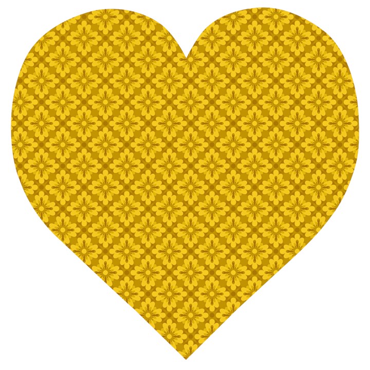 Yellow Floral Pattern Vintage Pattern, Yellow Background, Wooden Puzzle Heart