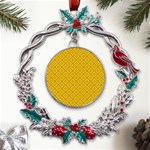 Yellow Floral Pattern Vintage Pattern, Yellow Background, Metal X mas Wreath Holly leaf Ornament Front