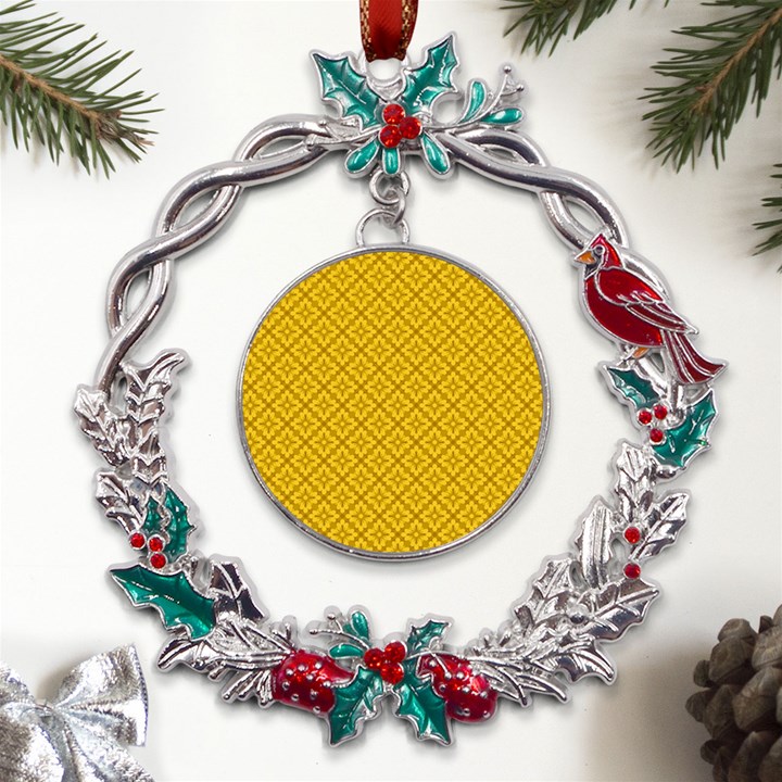 Yellow Floral Pattern Vintage Pattern, Yellow Background, Metal X mas Wreath Holly leaf Ornament