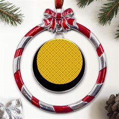 Yellow Floral Pattern Vintage Pattern, Yellow Background, Metal Red Ribbon Round Ornament by nateshop