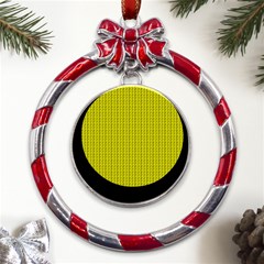 Yellow Lego Texture Macro, Yellow Dots Background Metal Red Ribbon Round Ornament by nateshop