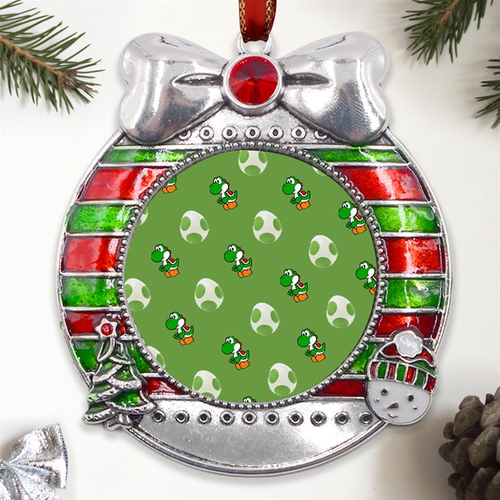 Yoshi Print, Super, Huevo, Game, Green, Egg, Mario Metal X Mas Ribbon With Red Crystal Round Ornament