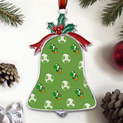 Yoshi Print, Super, Huevo, Game, Green, Egg, Mario Metal Holly Leaf Bell Ornament by nateshop