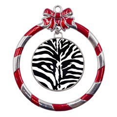 Zebra-black White Metal Red Ribbon Round Ornament by nateshop