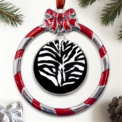 Zebra-black White Metal Red Ribbon Round Ornament by nateshop