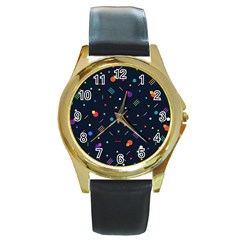 Abstract Minimalism Digital Art, Round Gold Metal Watch