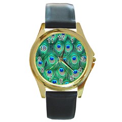 Peacock Feathers, Bonito, Bird, Blue, Colorful, Feathers Round Gold Metal Watch by nateshop