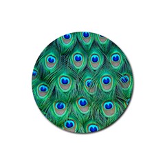 Peacock Feathers, Bonito, Bird, Blue, Colorful, Feathers Rubber Round Coaster (4 Pack) by nateshop