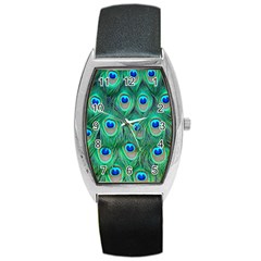 Peacock Feathers, Bonito, Bird, Blue, Colorful, Feathers Barrel Style Metal Watch by nateshop