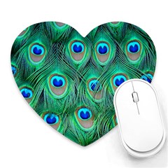 Peacock Feathers, Bonito, Bird, Blue, Colorful, Feathers Heart Mousepad by nateshop