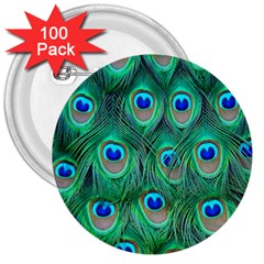 Peacock Feathers, Bonito, Bird, Blue, Colorful, Feathers 3  Buttons (100 Pack)  by nateshop