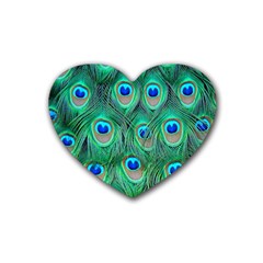 Peacock Feathers, Bonito, Bird, Blue, Colorful, Feathers Rubber Heart Coaster (4 Pack) by nateshop