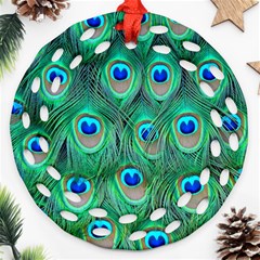 Peacock Feathers, Bonito, Bird, Blue, Colorful, Feathers Round Filigree Ornament (two Sides) by nateshop